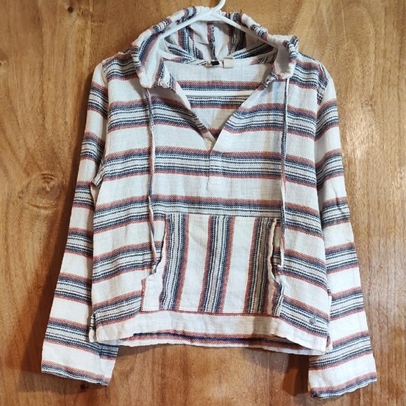 Roxy Womens White Multicolor Striped Poncho Hoodie 100% Cotton Kangaroo Pocket S - Picture 1 of 12
